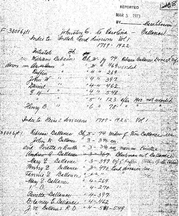 Multiple Ballance Names Abstract of Land Records Johnston Co. Smith Harper