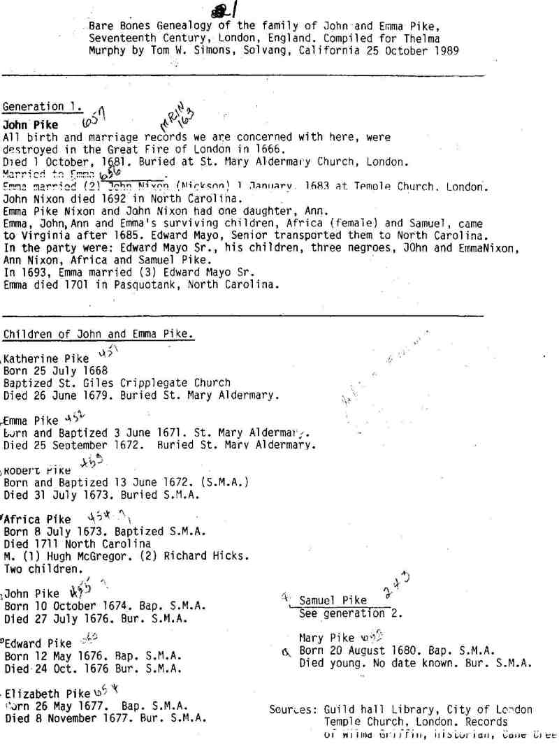 Bare Bones Genealogy of John and Emma Pike pg 1
