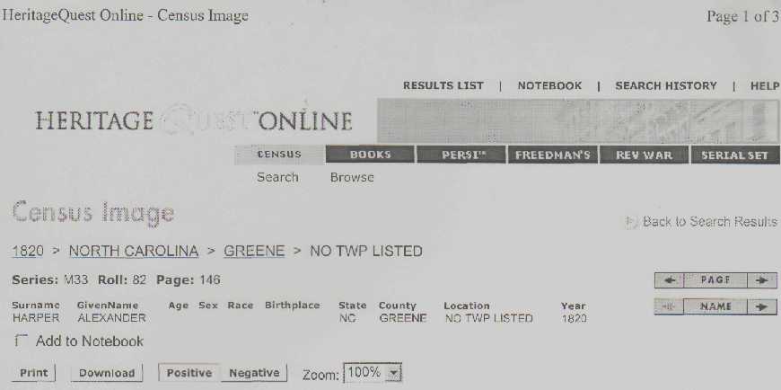 Alexander Harper Census 1820 pg 1