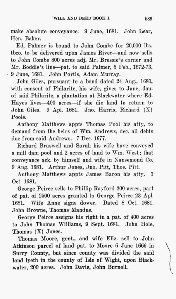 17th Century Isle of Wight Co, Virginia Deed Book 1, 2, 4 Smith Harper