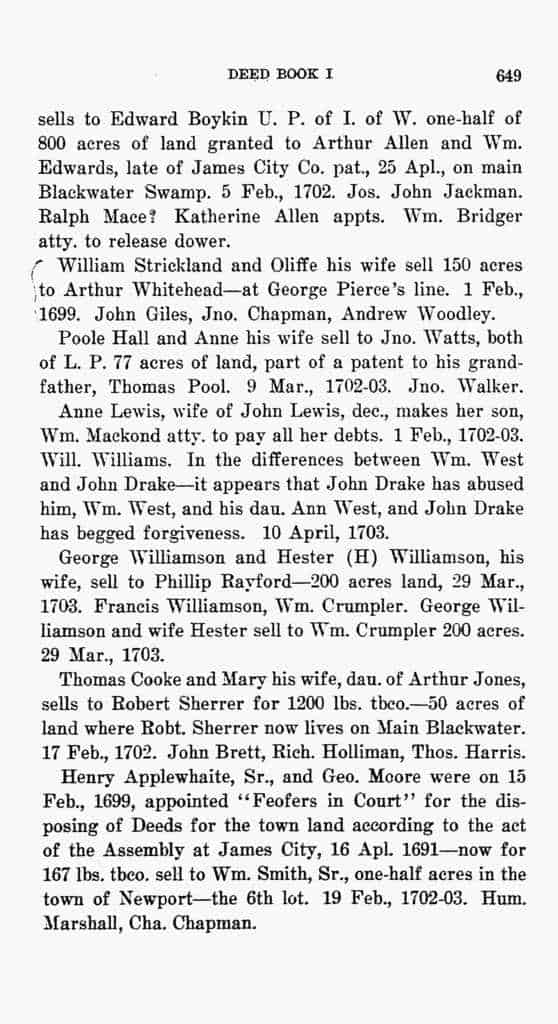 17th Century Isle of Wight Co, Virginia Deed Book 1, 2, 4 Smith Harper