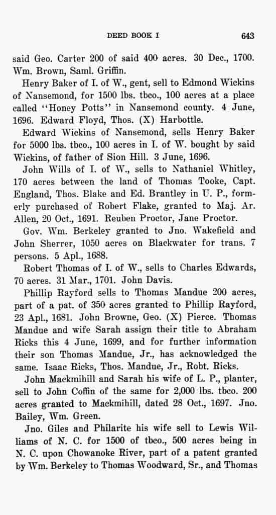 17th Century Isle of Wight Co, Virginia Deed Book 1, 2, 4 Smith Harper