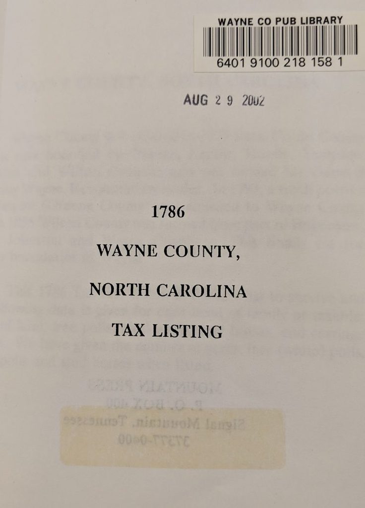1786 Wayne County, North Carolina Tax List Smith Harper