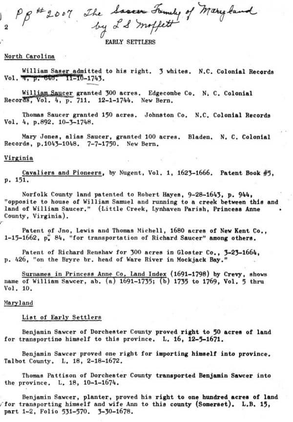 Early Settlers of North Carolina Smith Harper